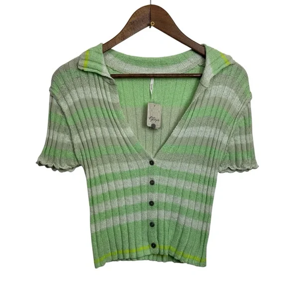 Free People Green White Collared Striped Button-Up Knit Top Flirt Cardi - Picture 2 of 8